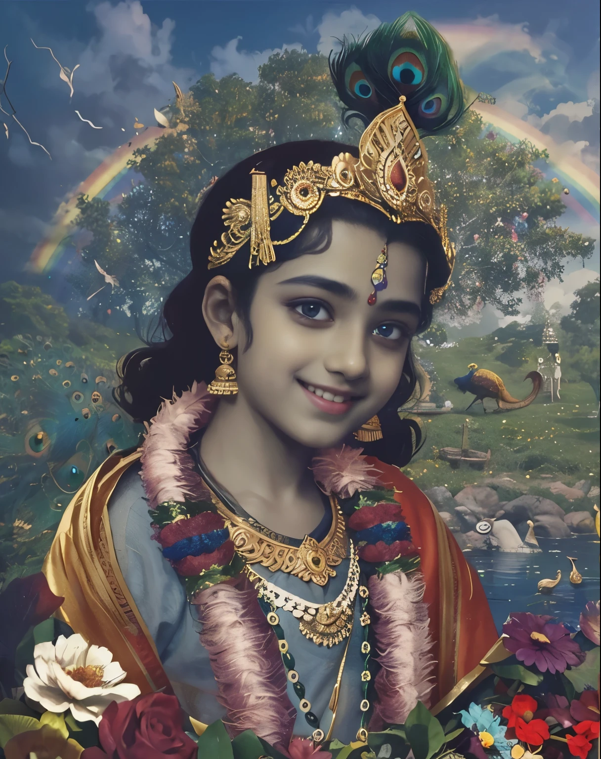 Shree Krishna, 10 years old, adorable cute face, bluish skin, beautiful eyes, divine smile, golden ornaments, long curly black hairs, peacock feathers, flowers, rainbow, forest scenery, colorful, amazing