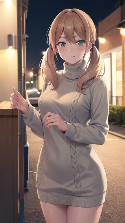 masterpiece, best quality, highres, 1girl, solo, blonde hair, low twintails, green eyes, sweater dress, turtleneck, long sleeves, standing, cowboy shot, street, night