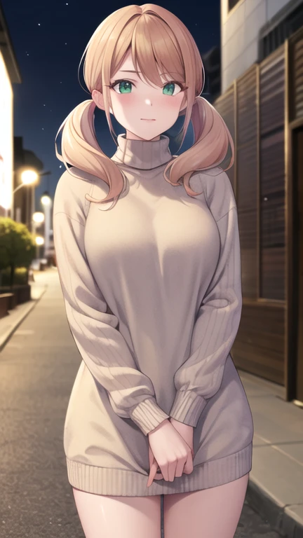 masterpiece, best quality, highres, 1girl, solo, blonde hair, low twintails, green eyes, sweater dress, turtleneck, long sleeves, standing, cowboy shot, street, night