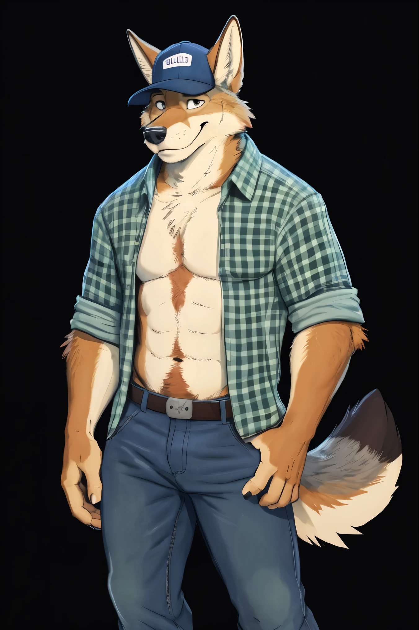 Make a blonde furry mutt dog, with ears lowered, he is a little muscular, he only wears simple pants, he has a wind rose tattoo inside his replacement eye, since he lost his eye 