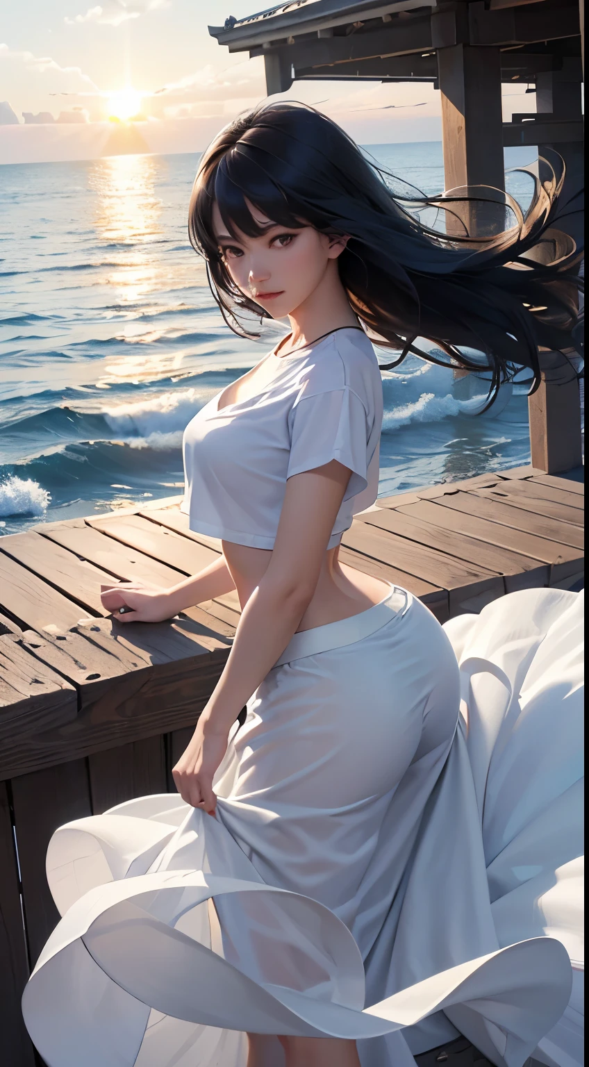 (logo、masterpiece、8k、Tabletop、RAW Photos、wonderful、最high quality、Photorealistic and Very detailed CG integrated 8k wallpaper、high quality、Very detailed、Narrative poem、Particle Effects、Dynamic Effects、Written boundary depth、Cinematic Light、Lens flare、Ray Tracing)、Fantasy、 (One beautiful woman、White pants、White T-shirt、White tube top、White crop top、Black-haired、Beautiful Face、True Face、Beautiful details、eye、Beautiful Skin、Ultimate Body、glamorous)、私の髪はWindに舞う、Hair flutters in Wind、Hair bounces、Seaside、wonderful景色、Coastal、sunrise、Sun in the background、Wind、Beach