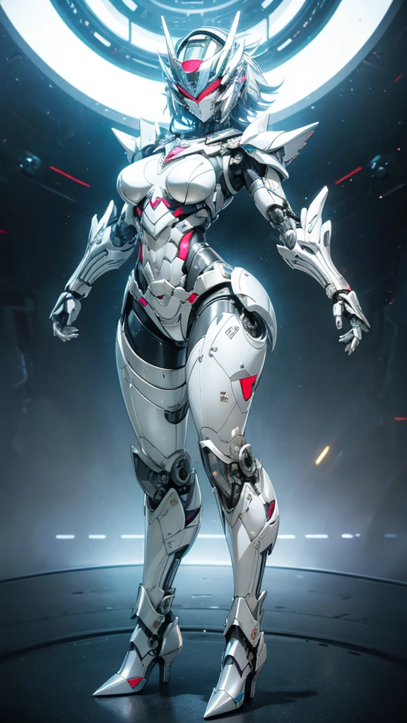 Large female robot ,silver helmet visor,metal mask, Silver sci-fi fluorescent armor,female body,Chest,Mechanical joints,thigh, High heel, Standing,front,Space City