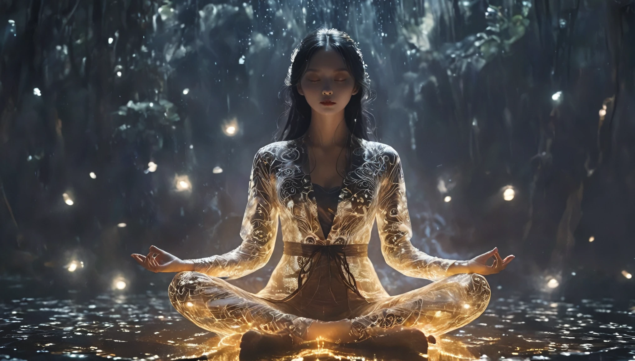 fullbody Photography of lotus pose girl,Raw, cinematic shot, (sharp focus:1.5), (photorealistic:1.4), twilight lighting, volumetric lighting, ultra high res, 16K,dramatic lighting, abstract backgrounds:1.5)(zentangle,datura,Tangles,entangled:0.7)Kitsune witch,kitsune mask,Haori jacket, foxfire spell, fox family, transformation, depth of field, Fantastical Atmosphere, The most beautiful form of chaos, ellegance, Dark theme of Fauvist design, Flower of Death, Flowers of ecstasy,Glowing Line,Glow Example,Tracking example,flash, Backlight,translucent,light particles
