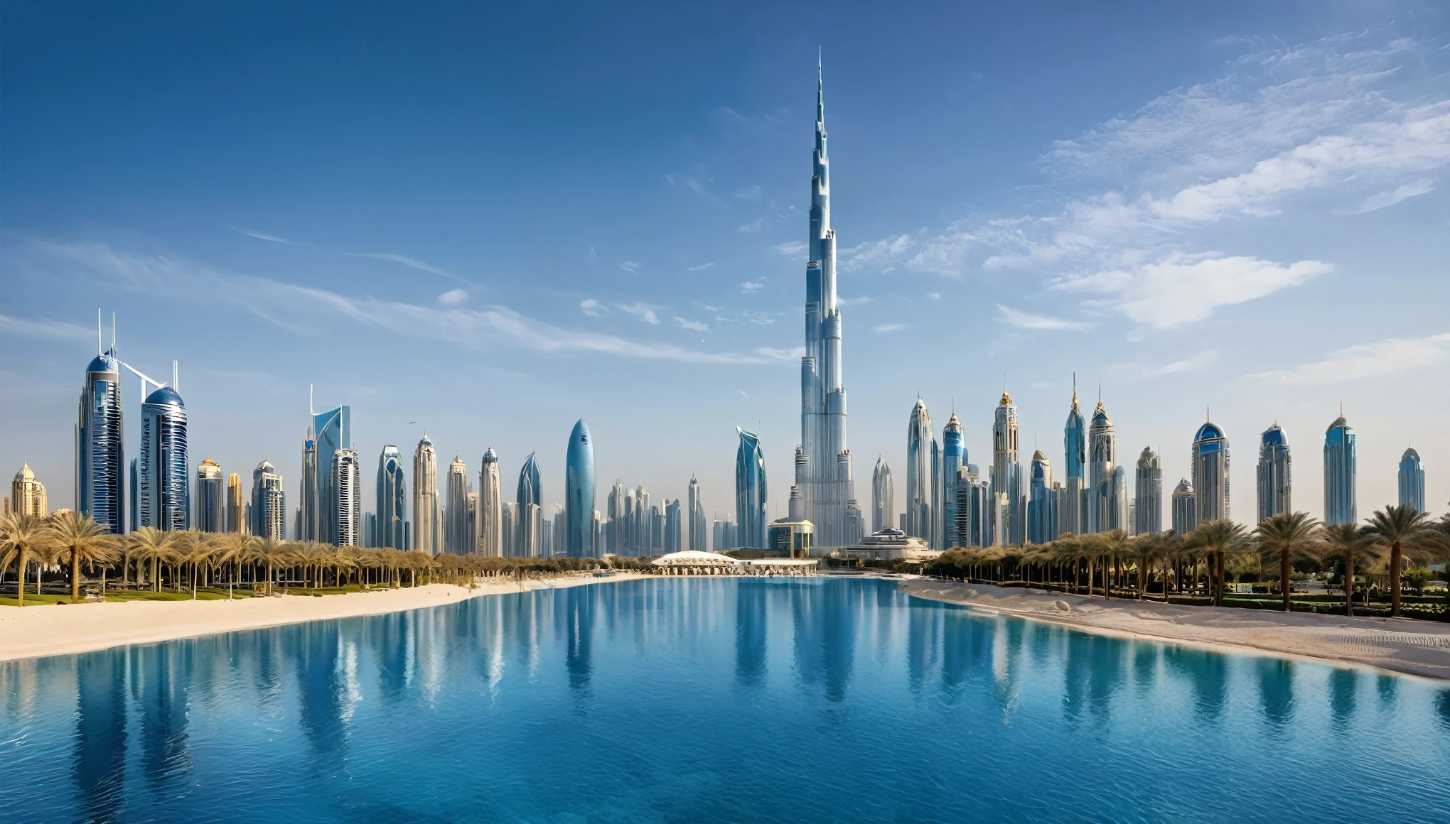 A highly detailed, photorealistic rendering of the Burj Khalifa and surrounding skyscrapers in Dubai, with a clear blue sky and scattered clouds. The foreground features a vibrant blue body of water reflecting the buildings.