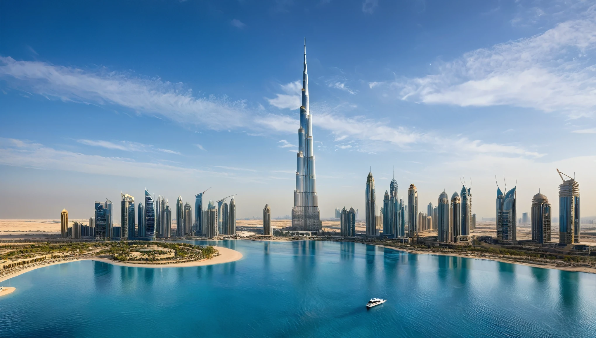A highly detailed, photorealistic rendering of the Burj Khalifa and surrounding skyscrapers in Dubai, with a clear blue sky and scattered clouds. The foreground features a vibrant blue body of water reflecting the buildings.