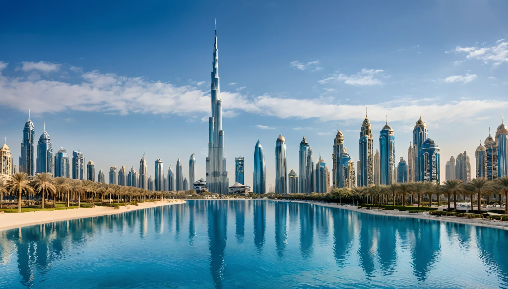 A highly detailed, photorealistic rendering of the Burj Khalifa and surrounding skyscrapers in Dubai, with a clear blue sky and scattered clouds. The foreground features a vibrant blue body of water reflecting the buildings.