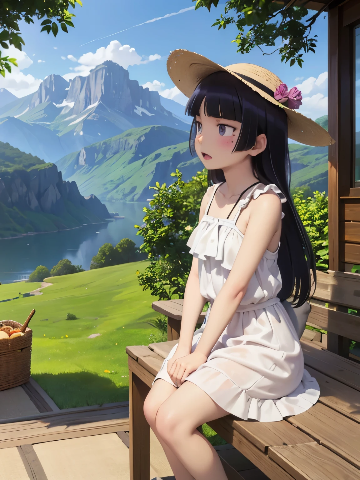 ((ruri gokou)), long hair, blush, black hair, 1girl, pants, mole, mole under eye, Straw hat, Awning hat, sundress, dress, white dress, Outdoor, camp, Beautiful Mountain々, background, The set up tent, clear々A beautiful morning, Light shines in, In front of the tent, coffee, Have fun, landscape, nature, quiet, picnic, Relaxation, refreshing, early morning, Calm, scenery, relax, fresh, Morning, Sunrise, hiking, Adventure, blue sky, fresh air, Journey, Majestic, Lush