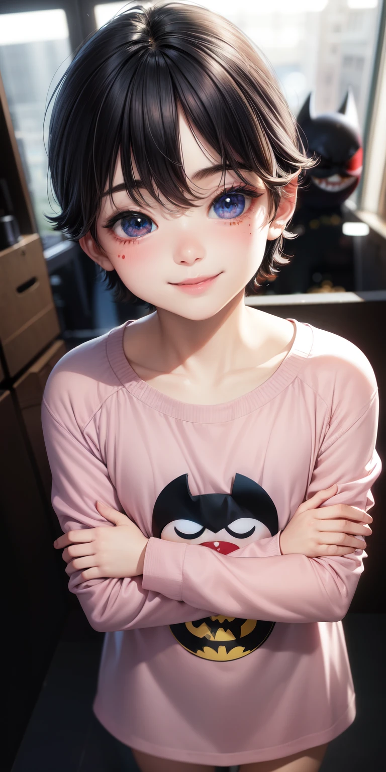 comic type,cute boy smiling,tierno,ojos azules,cabello ondulado corto rojizo,pecas,pale skin,labios- rojizos leve,mejillas rosadas leves,con pijama de batman