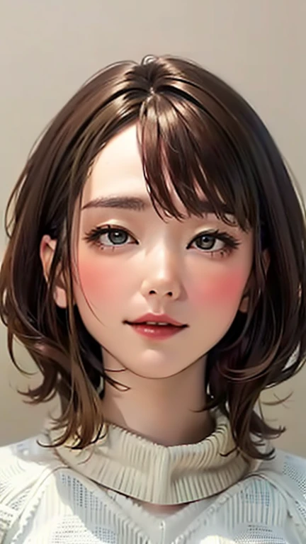 (Top quality masterpiece:1.2) Delicate illustrations, Very detailed, /Beautiful Japanese Women、1 person,Very cute and slim、Great style 、((8k images、super high quality))、Very delicate face, beautifule forehead、Large Breasts、Bright red lipstick,(((((short hair、Light brown hair、Blonde hair))))),very cute、Kind eyes,((((Tight sweater、V-neck))))