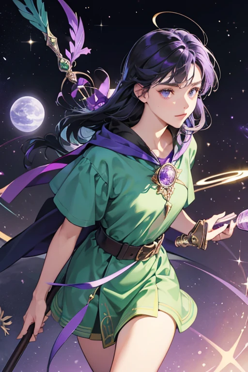 Anchusa's wand is green and round at the top, with a ring around it, making it look like a Saturn shape. The stick part is long and is purple. There is a big capital 'A' placed on its long side.  SPARKLE; GLITTER