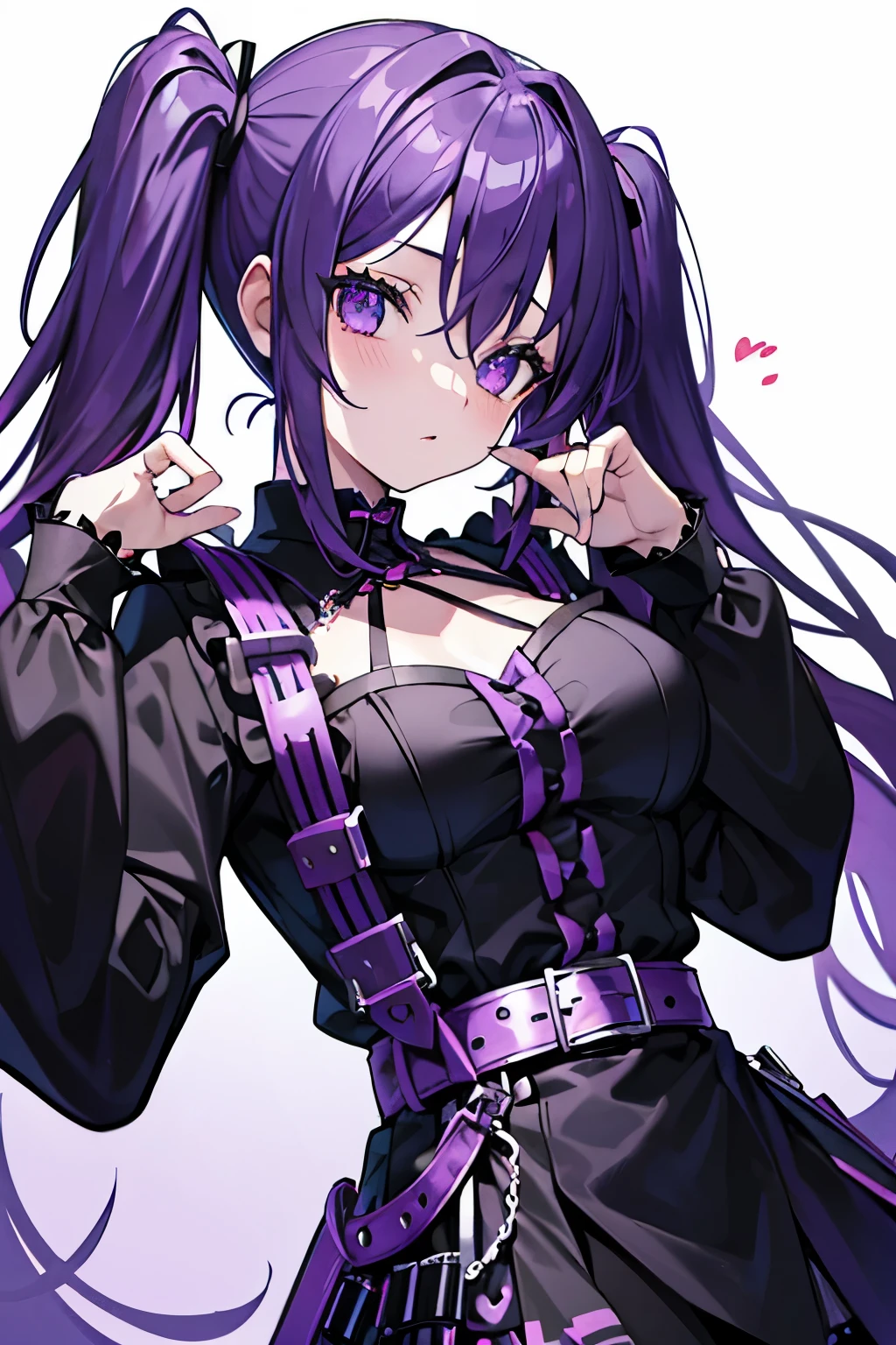 Subservient Purple Hair Twin tails Gothic Girl Black Costume Belt on torso Japanese anime hand-drawn illustration
