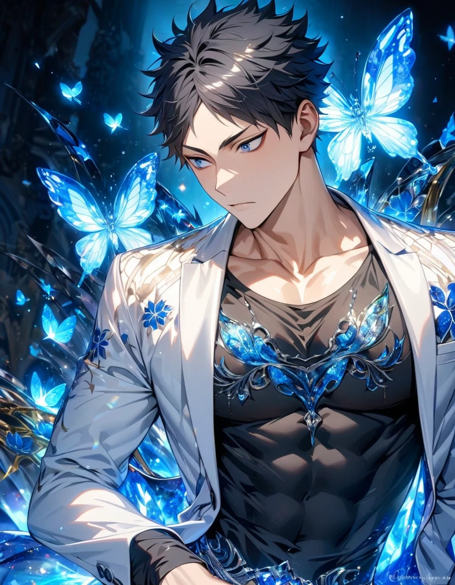 absurdres, highres, ultra detailed, HDR, master piece, best quality, Akaashi Keiji, black hair, expressive dark blue eyes, haikyuu, solo, sexy man, handsome, toned chest, white jacket, black shirt, patterns, magical, fantasy, blue background, blue lotus, shining, blue petals, blue glittering butterflies, glass sculptures