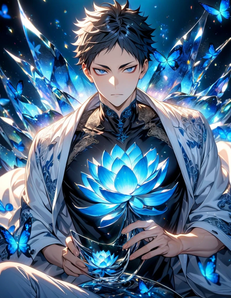 absurdres, highres, ultra detailed, HDR, master piece, best quality, Akaashi Keiji, black hair, expressive dark blue eyes, haikyuu, solo, sexy man, handsome, toned chest, white jacket, black shirt, patterns, magical, fantasy, blue background, blue lotus, shining, blue petals, blue glittering butterflies, glass sculptures