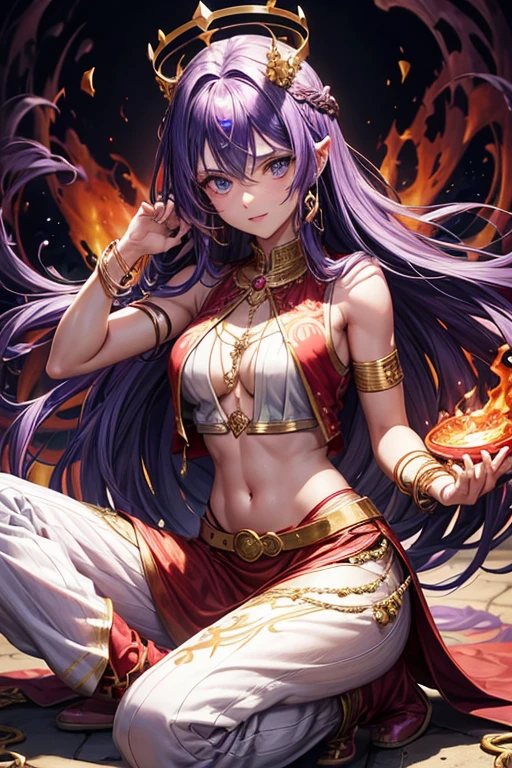 Woman in her 30s, long purple hair, long messy hair, blue eyes, djinn clothing, red sleeveless open vest, red vest with white Arabic print, white Arabic pants, gold belt, djinn bracelet with gems, blue boots, boots brown, phosphorescent purple tattoos, surrounded by fire and purple smoke with magic circles with chains tied to hands and feet surrounded by white chains on a background of Arab ruins. with magic circles and a crown of fire on his head, slim build