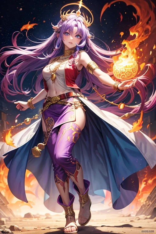 Woman in her 30s, long purple hair, long messy hair, blue eyes, djinn clothing, red sleeveless open vest, red vest with white Arabic print, white Arabic pants, gold belt, djinn bracelet with gems, blue boots, boots brown, phosphorescent purple tattoos, surrounded by fire and purple smoke with magic circles with chains tied to hands and feet surrounded by white chains on a background of Arab ruins. with magic circles and a crown of fire on his head, slim build
