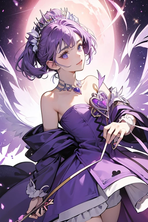 It is colored pale purple. The handle is outlined and heart-shaped, with an anchusa flower crest inside, adorned by a purple gem. The heart is placed on top of another small heart with two small wings. The key's teeth is shaped with a capital 'F' placed on its long side. SPARKLE; GLITTER