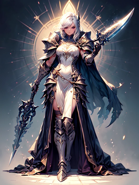 Design a layout showcase Gaming character, (1girl). Golden+Purle clothes, stylish and unique, ((showcase weapon:1.4)), magic staff, (masterpiece:1.2), (best quality), 4k, ultra-detailed, (Step by step design, layout art:1.5), (luminous lighting, atmospheric lighting), magican, ((glove full hands)), (((revealing clothes:1.3))), vambraces, armored legwear, (((full_body_shot:1.4)))