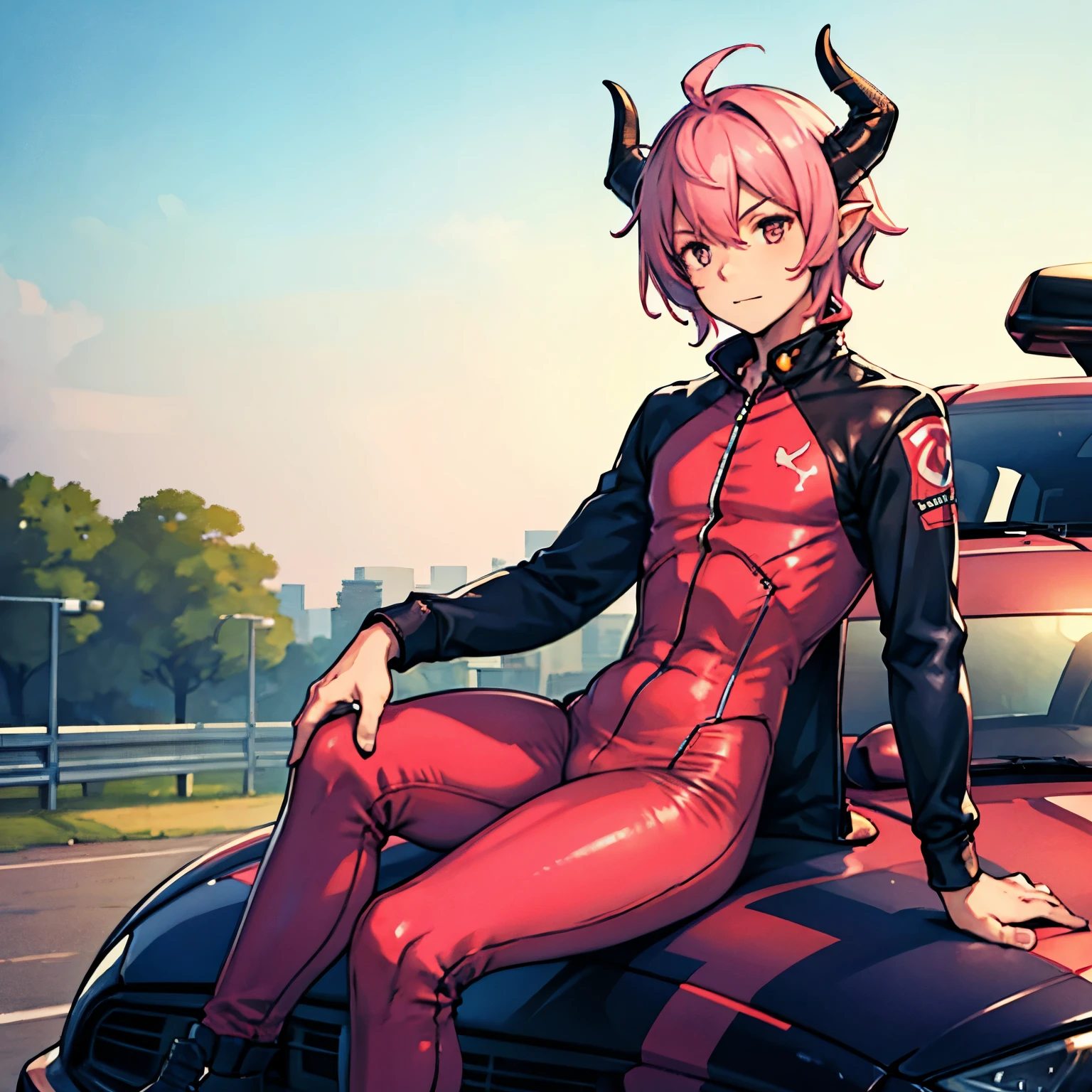 a small male femboy with pink hair dragon horns wearing a racer suit sitting on an car on a track male