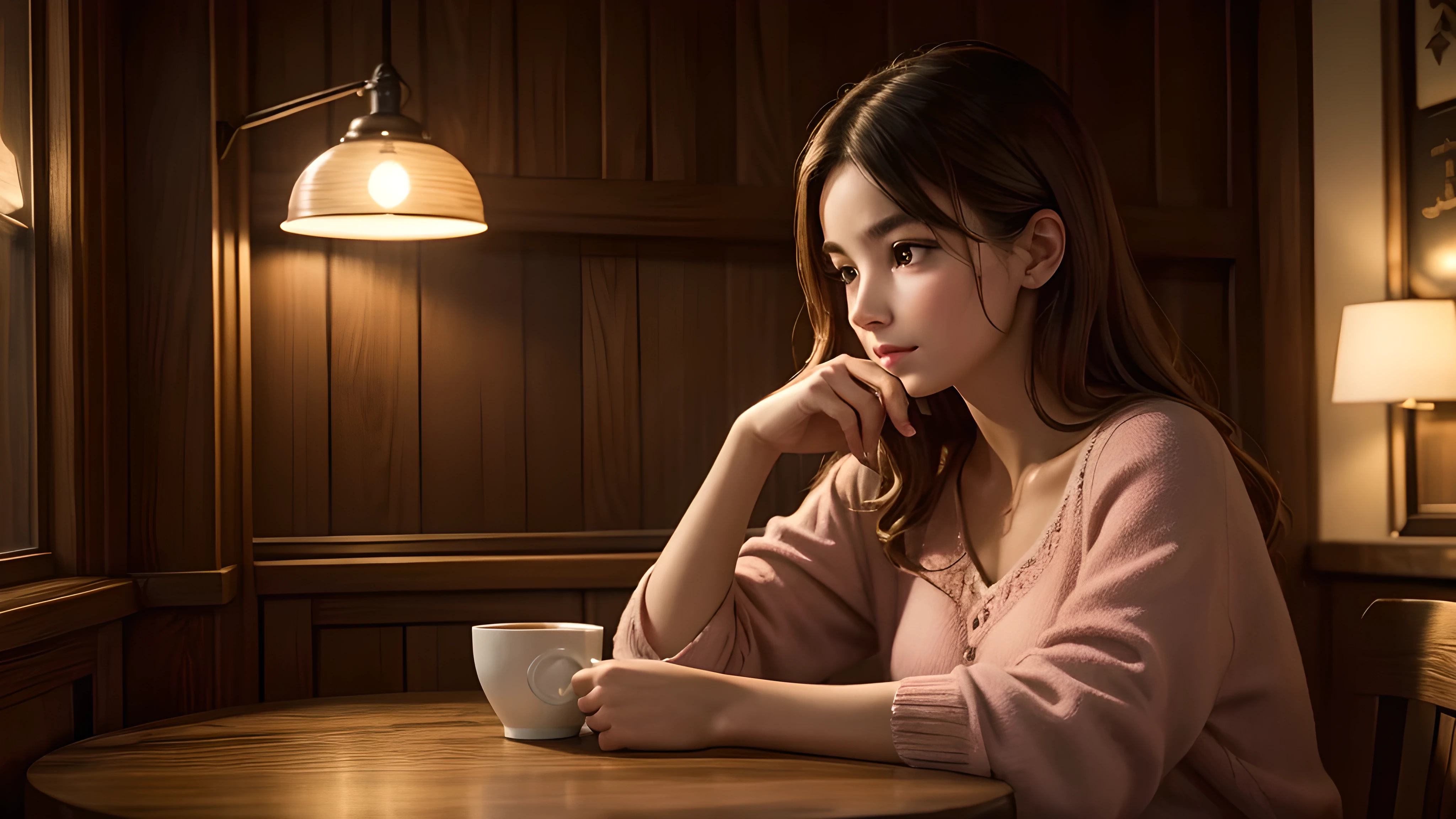 a cozy coffee shop, 1girl sitting at a table, drinking coffee, detailed face, beautiful eyes, long eyelashes, small nose, pink lips, vintage style interior, wooden furniture, warm lighting, steam rising from the coffee cup, (best quality,4k,8k,highres,masterpiece:1.2),ultra-detailed,(realistic,photorealistic,photo-realistic:1.37),cinematic lighting,intricate details,soft ambient lighting,rich colors,harmonious composition