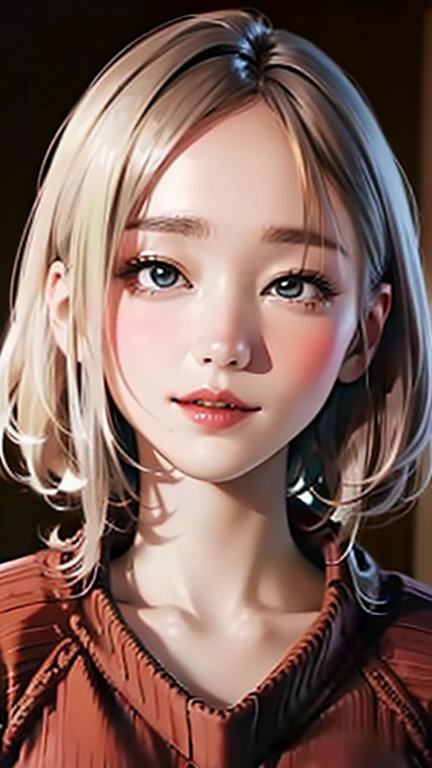 (Top quality masterpiece:1.2) Delicate illustrations, Very detailed, /Beautiful Japanese Women、1 person,Very cute and slim、Great style 、((8k images、super high quality))、Very delicate face, beautifule forehead、Bright red lipstick,(((((short hair、Light brown hair、Blonde hair))))),very cute、Kind eyes,((((Tight sweater、V-neck))))