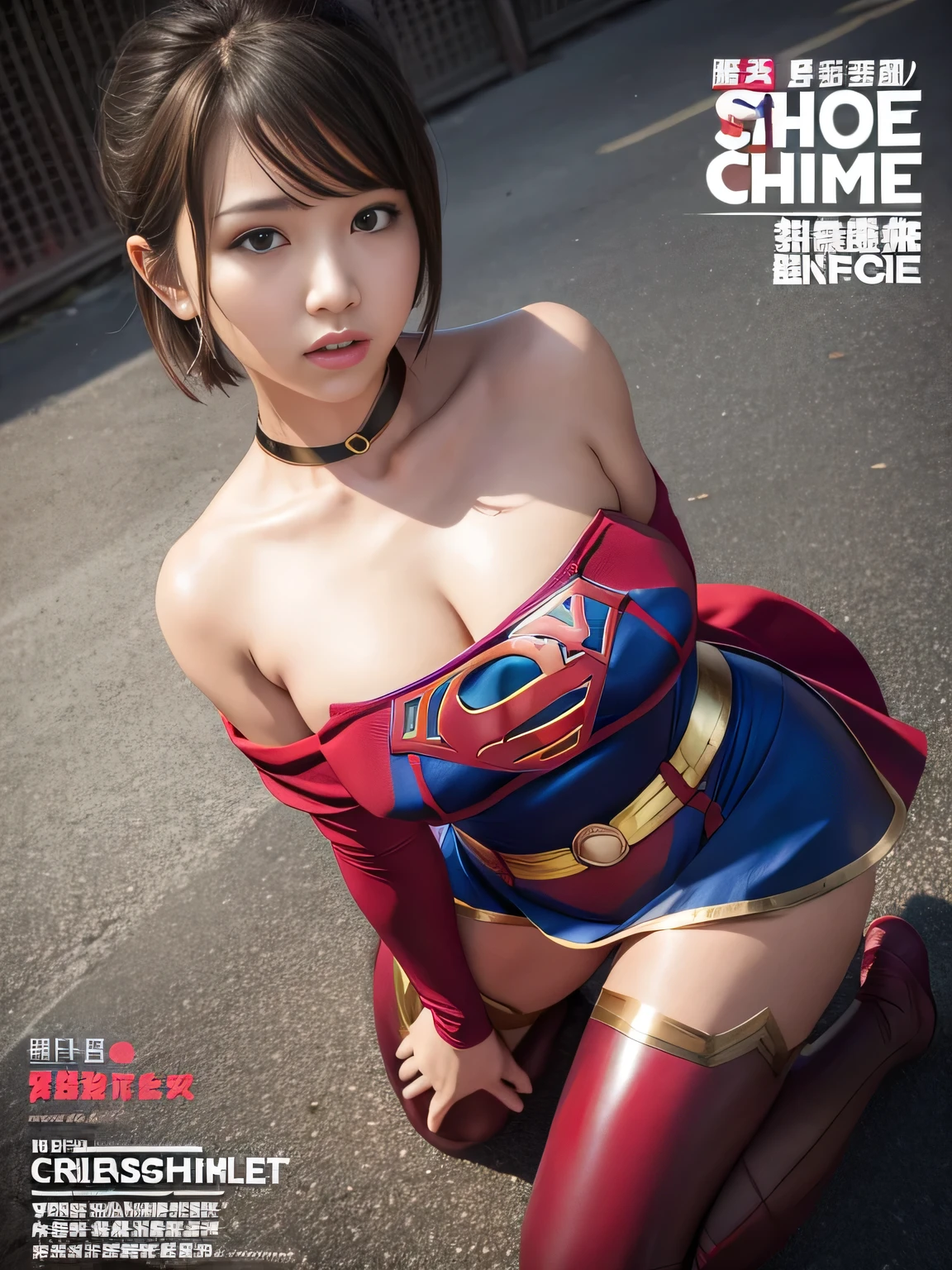 masterpiece、Supergirl Costume、short hair、barefoot、Big and ample breasts、Crisis situation、Complete surrender、Gloomy Dungeon、rusty iron grate、Abused、Kneel、shiny sweaty skin、looking at the camera、choker、Long sleeve、Sexy poses to seduce、Poor environment、Humiliating、Off the shoulder、latex、Weekly magazine cover style、