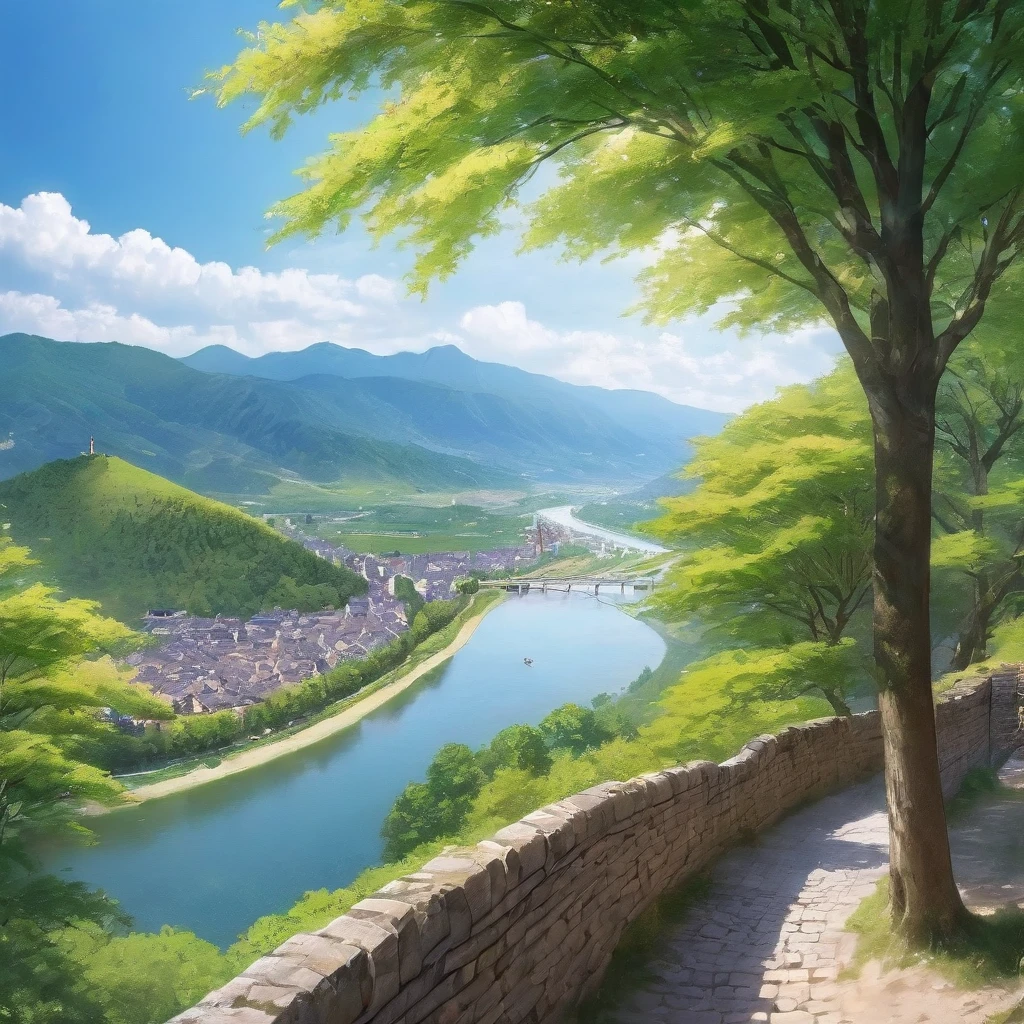 ８ｋ、Masterpiece、Rural Scenery、A river flows across the left and right sides of the screen.、The walled city on the right side of the river、（（Neuenstein Castle））、A large, steep mountain range on the right、Place々Deciduous trees、Early summer scenery、Daytime