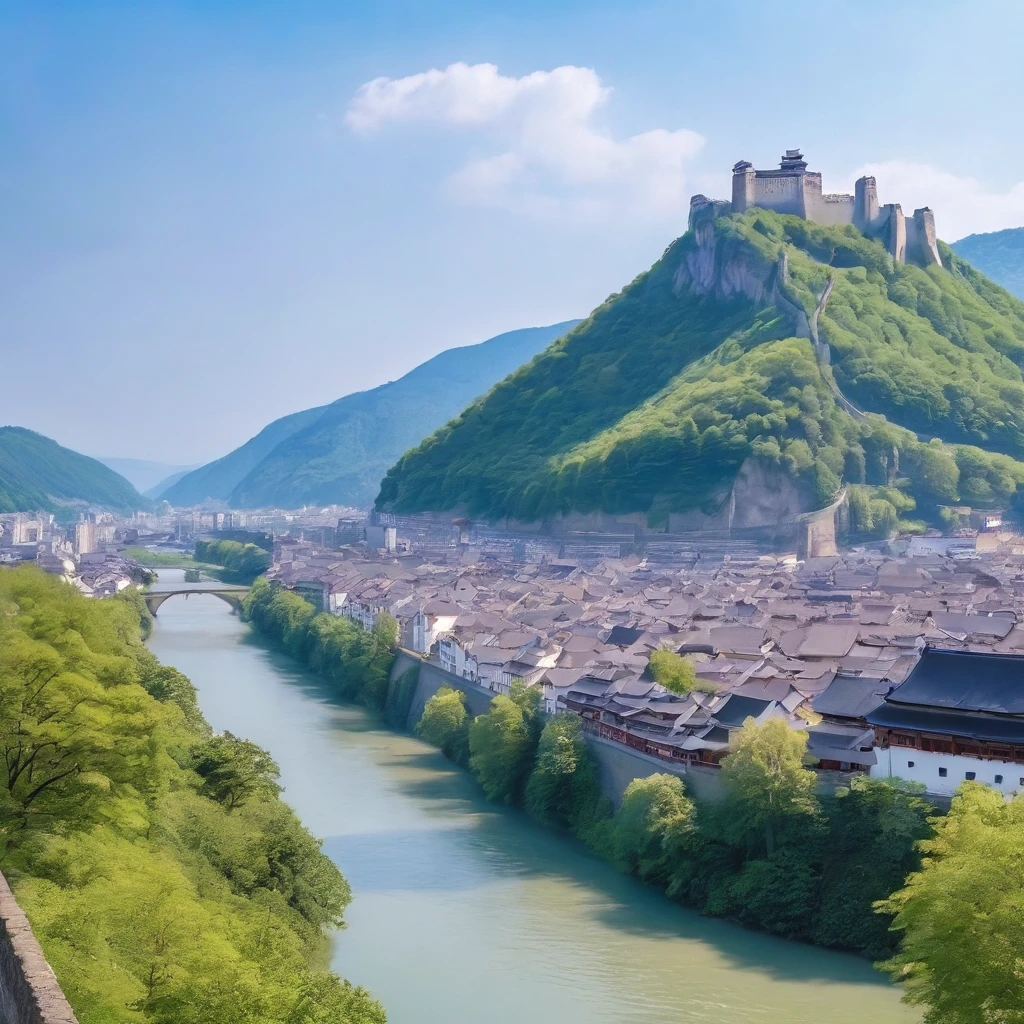 ８ｋ、Masterpiece、Rural Scenery、A river flows across the left and right sides of the screen.、The walled city on the right side of the river、（（Neuenstein Castle））、A large, steep mountain range on the right、Place々Deciduous trees、Early summer scenery、Daytime