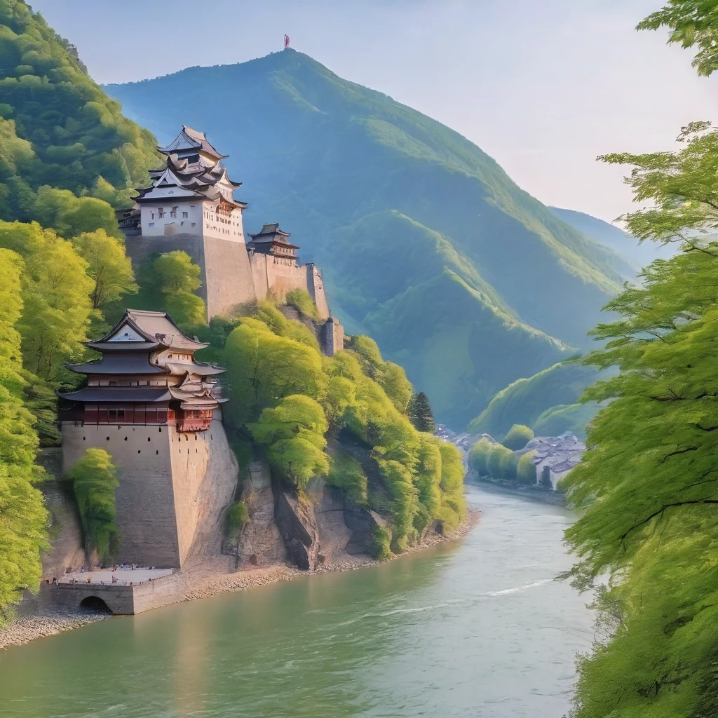 ８ｋ、Masterpiece、Rural Scenery、A river flows across the left and right sides of the screen.、The walled city on the right side of the river、（（Neuenstein Castle））、A large, steep mountain range on the right、Place々Deciduous trees、Early summer scenery、Daytime