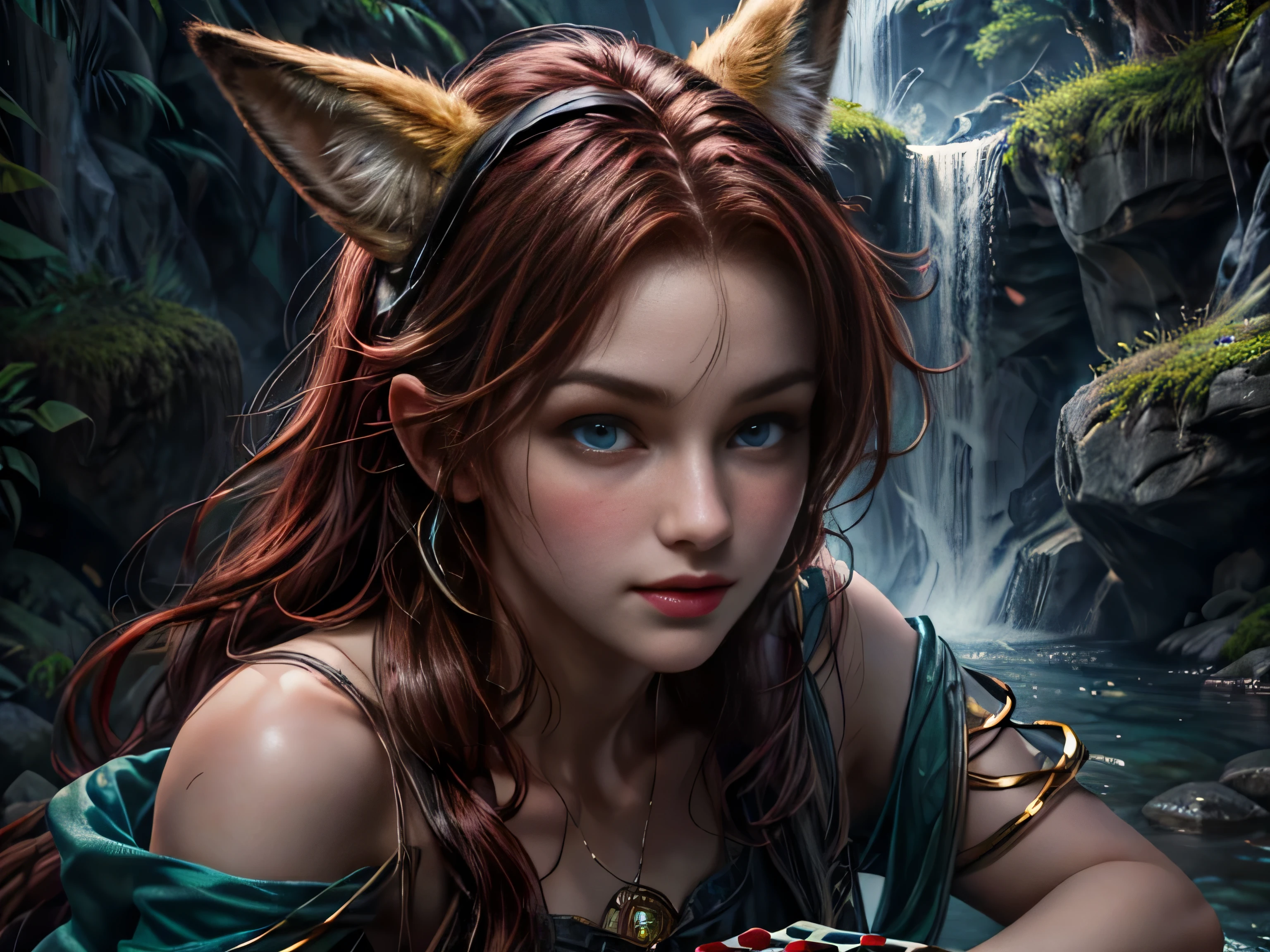 (Best quality, 8K, masterpiece, HDR, soft lighting, perfect image, realistic, Bright), a guy and a fox girl play Go against the backdrop of a mountain waterfall, landscape with a mountain waterfall in the background, sitting foxes guy and girl behind a goban (Go board), [(handsome man, he has beautiful blue eyes and a kind smile, black hair, naked torso with developed body, (Beautiful fox girl with green eyes, red hair, innocent expression)], (Fantasy ultra high quality art, latest fantasy), masterpiece, Ultra high quality male and female character designs, anime art with 8k development, realistic anime art, wallpaper illustrations of the highest quality, complex ultra high quality accurate faces of male and female characters, high quality design and precision physics (ultra high quality fantasy style)), art, dark fantasy)) Style), Masterpieceы, super quality characters, resolution anime - 8k, realistic anime art, highest quality wallpaper illustration, Ultra-high facial detail, high-quality design and physics accuracy), by color, depth of field, to the shadows, ray tracing, high quality and production of computer wallpapers in 8K resolution. (Accurate simulation of the interaction of light and material)], [Carefully detailed hair [Read more about beautiful and shiny hair]], (Perfectly detailed hands [perfect fingers [Beautiful nails]], (perfect anatomy (perfect proportions)) [[ Look at full growth]], [Ideal color coordination (Accurate simulation of the interaction of light and material)], [art, conveying the meaning of history], [game in Go]
