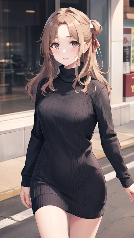 masterpiece, best quality, highres, Ichikawa Hinana, long hair, single side bun, hair ribbon, cowboy shot, walking, street, turtleneck, virgin killer sweater, ribbed sweater, long sleeves,