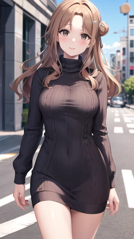 masterpiece, best quality, highres, Ichikawa Hinana, long hair, single side bun, hair ribbon, cowboy shot, walking, street, turtleneck, virgin killer sweater, ribbed sweater, long sleeves,