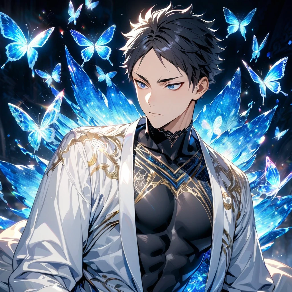 absurdres, highres, ultra detailed, HDR, master piece, best quality, Akaashi Keiji, black hair, expressive dark blue eyes, haikyuu, solo, sexy man, handsome, toned chest, white jacket, black shirt, patterns, magical, fantasy, blue background, blue lotus, shining, blue petals, blue glittering butterflies, glass sculptures