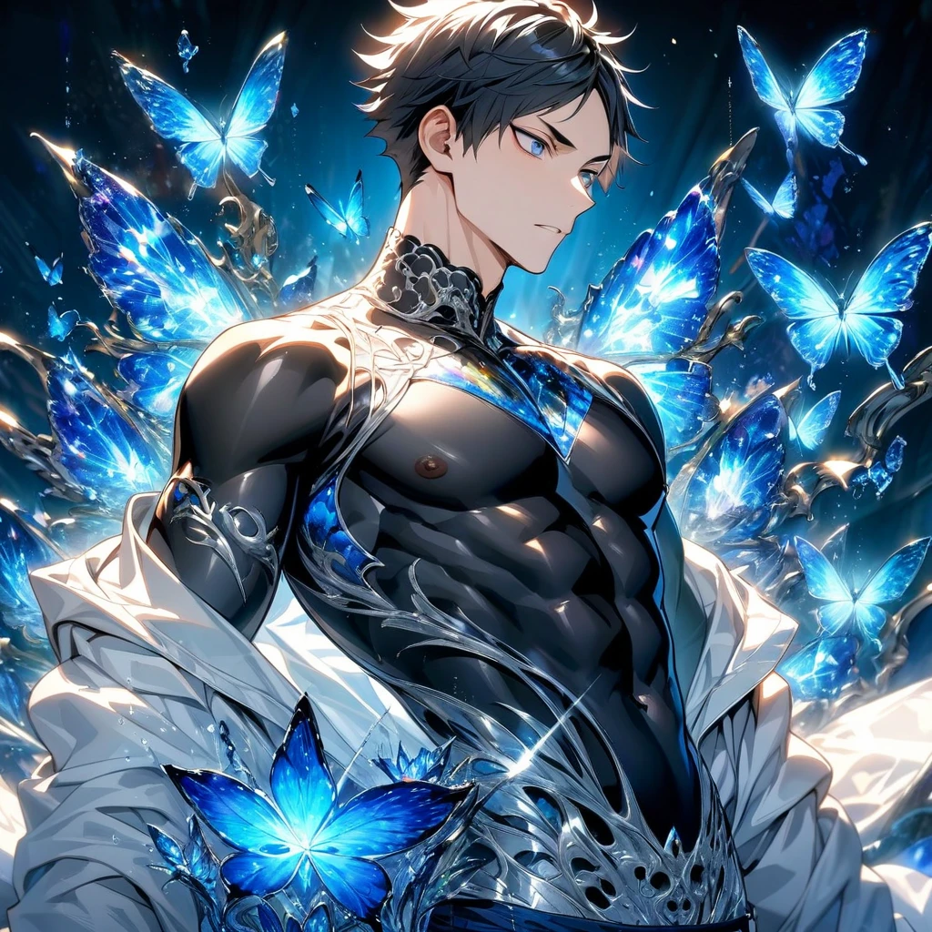 absurdres, highres, ultra detailed, HDR, master piece, best quality, Akaashi Keiji, black hair, expressive dark blue eyes, haikyuu, solo, sexy man, handsome, toned chest, white jacket, black shirt, patterns, magical, fantasy, blue background, blue lotus, shining, blue petals, blue glittering butterflies, glass sculptures