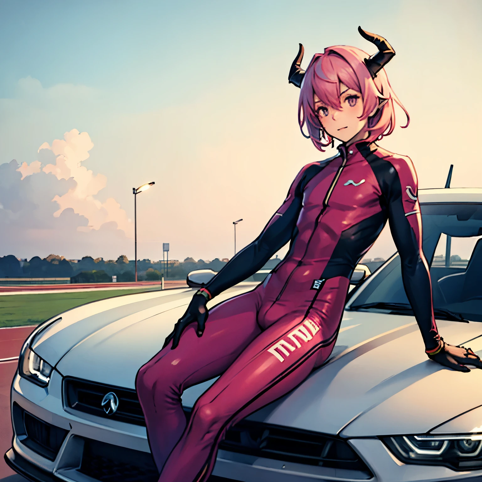 a small male femboy with pink hair dragon horns wearing a racer suit sitting on an car on a track male