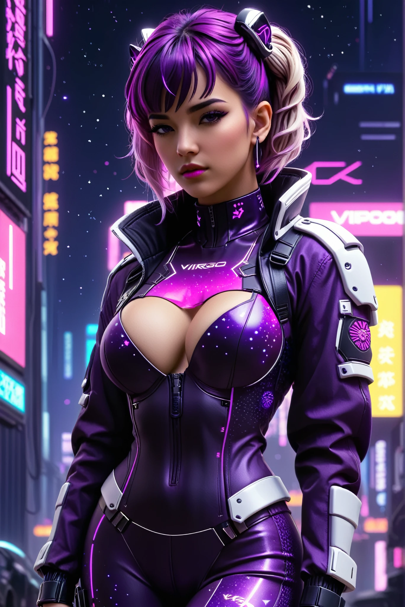 neonpunk style Mushroomcore, cyberpunk and Virgo constellation, dark violet and tiger print flakes, cyber punk 2077, cyberpunk woman . cyberpunk, vaporwave, neon, vibes, vibrant, stunningly beautiful, crisp, detailed, sleek, ultramodern, magenta highlights, dark purple shadows, high contrast, cinematic, ultra detailed, intricate, professional