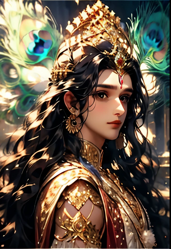 (closeup shot:1.5), style-swirlmagic, full moon, lord krishna, (absurdly long hair, black curly hair:1.3), divine ethereal beauty, wearing a (crystal crown:1.2), (glitter:1.2), (peacock feathers:1.2) extremely detailed iris, beautiful eyes