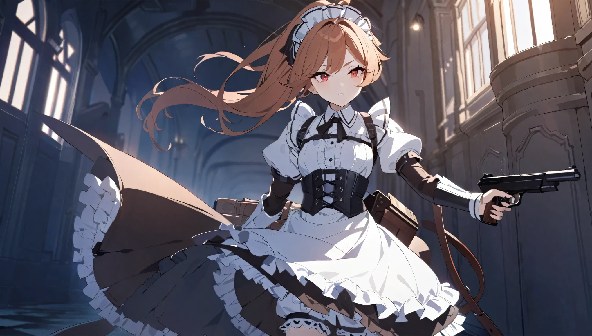 (best quality,4k,8k,highres,masterpiece:1.2),ultra-detailed, (1girl) A teenage gunslinger maid with red eyes, drawn in anime style, spiky ginger hair in a long ponytail, victorian fashion, wearing a cute black maid dress with puffy sleeves, corset, tactical gear, light armour, petticoat, bloomers, a frilly headband, a frilly white apron, high-heel boots, ribbons, wielding a gun, steampunk style, guarding a castle hallway, extremely detailed eyes and face,longeyelashes,volumetric lighting,cinematic lighting,protective posture,dramatic close up,highly detailed texture,intricate details.
