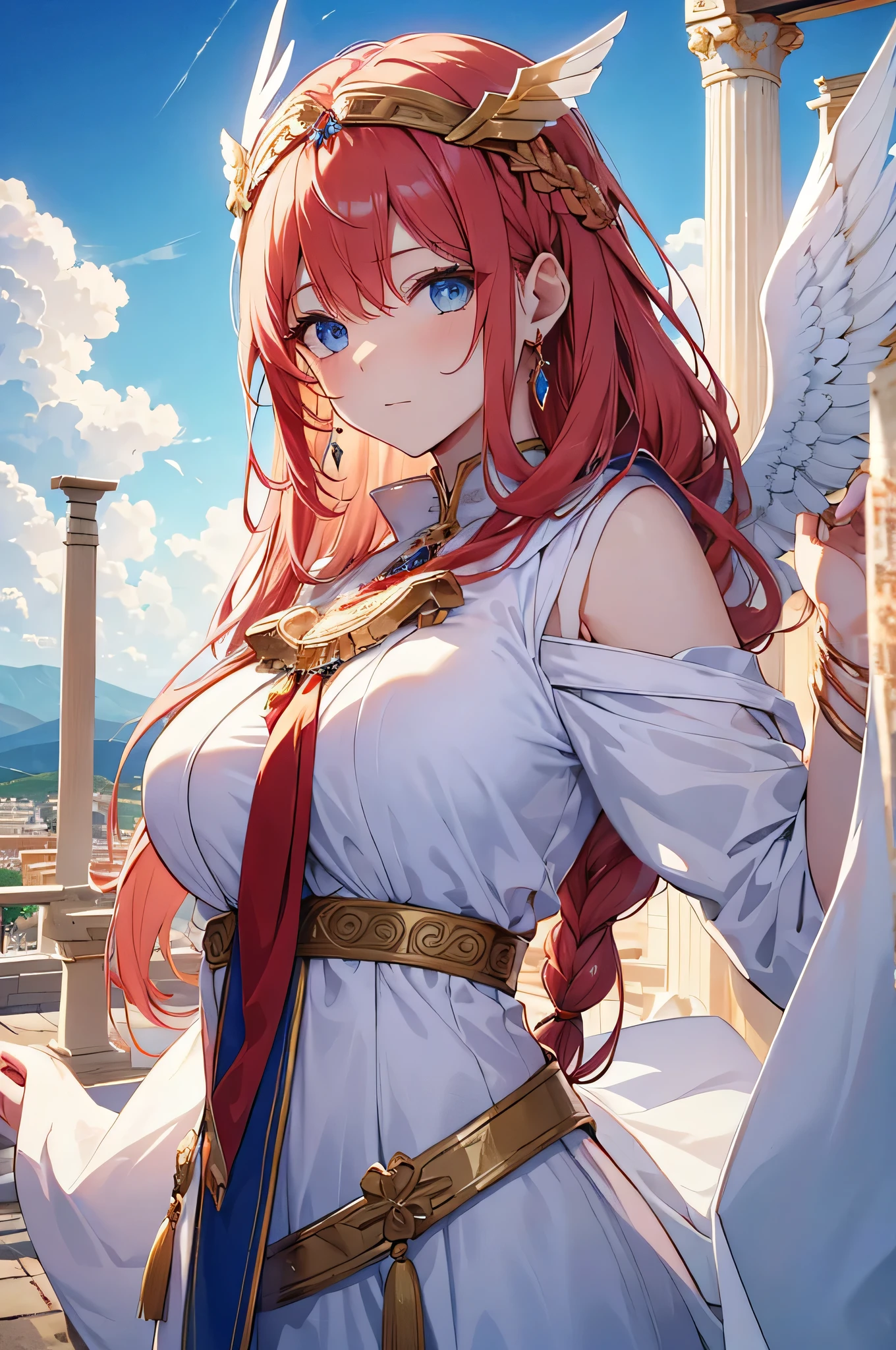 4k,High resolution,One Woman,White red hair,long hair,Braid,Blue Eyes,Big Breasts,Athena,White Holy Dress,Winged headgear,Jewelry decoration,Gold decoration,Temple in the Sky