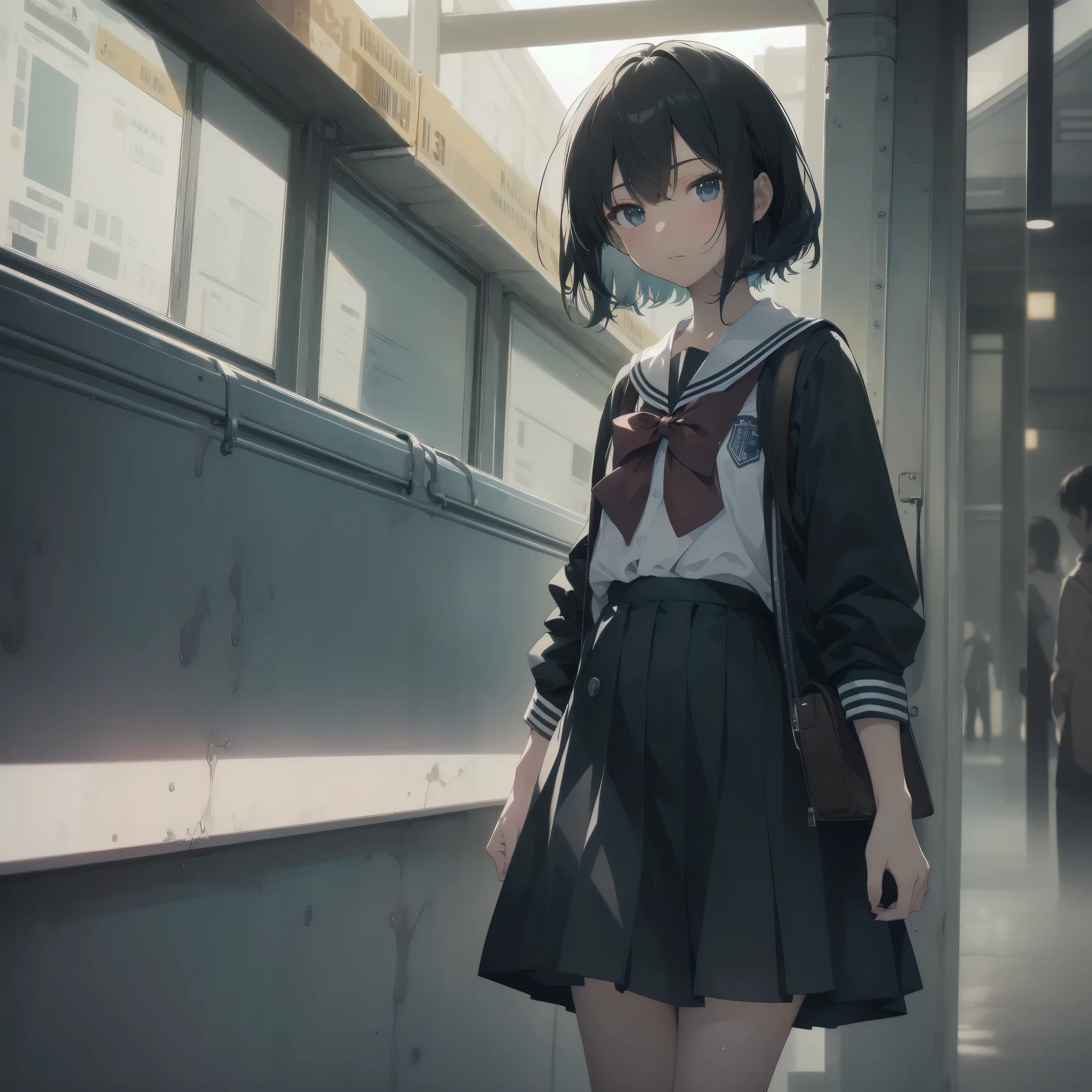 ultra-absurdres-Top quality by artist God, ultra-detailed, high resolution, anime moe artstyle, best anime 8k konachan wallpaper, pixiv contest winner, pool:2810, perfect anatomy,break, 1girl, (Please draw a girl walking sleepily to school alone. )break,(Solo,little female, 13-year-old:1.3),Full limbs, complete fingers,a junior high school student, (very short hair), short cut, flat chest, , small butt, small black eyes, beautiful detailed eyes, well-proportioned iris and pupils, expressive eyes, highres detailed hair, soft expression, salor school_uniform, sailor collar, serahuku, bow, pleated skirt,(Detailed Lighting), (Detailed background), in the School commute route. break,super detailed skin, Best cinematic lighting powered by famous artist, 8k,beauty illustration,photoshop_(medium),very aesthetic,break,((artist:nanashi_(nlo) )), artist:clamp ,artist:carnelian ,artist:kantoku ,