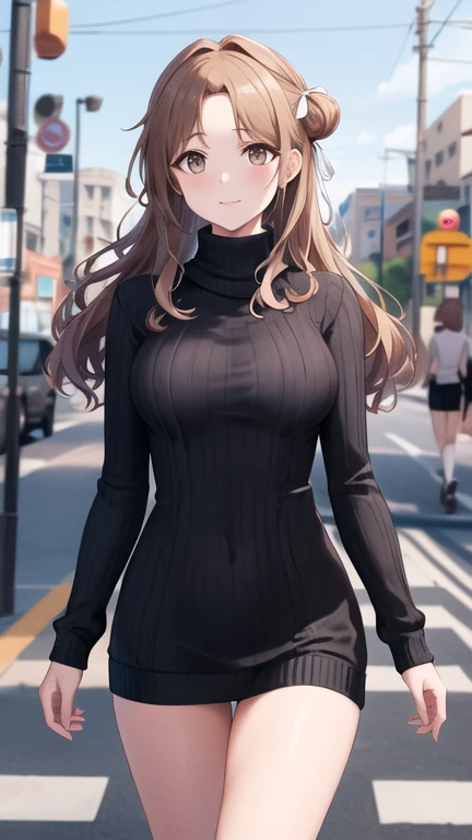 masterpiece, best quality, highres, hmhinana, long hair, single side bun, hair ribbon, cowboy shot, walking, street, turtleneck, virgin killer sweater, ribbed sweater, long sleeves,