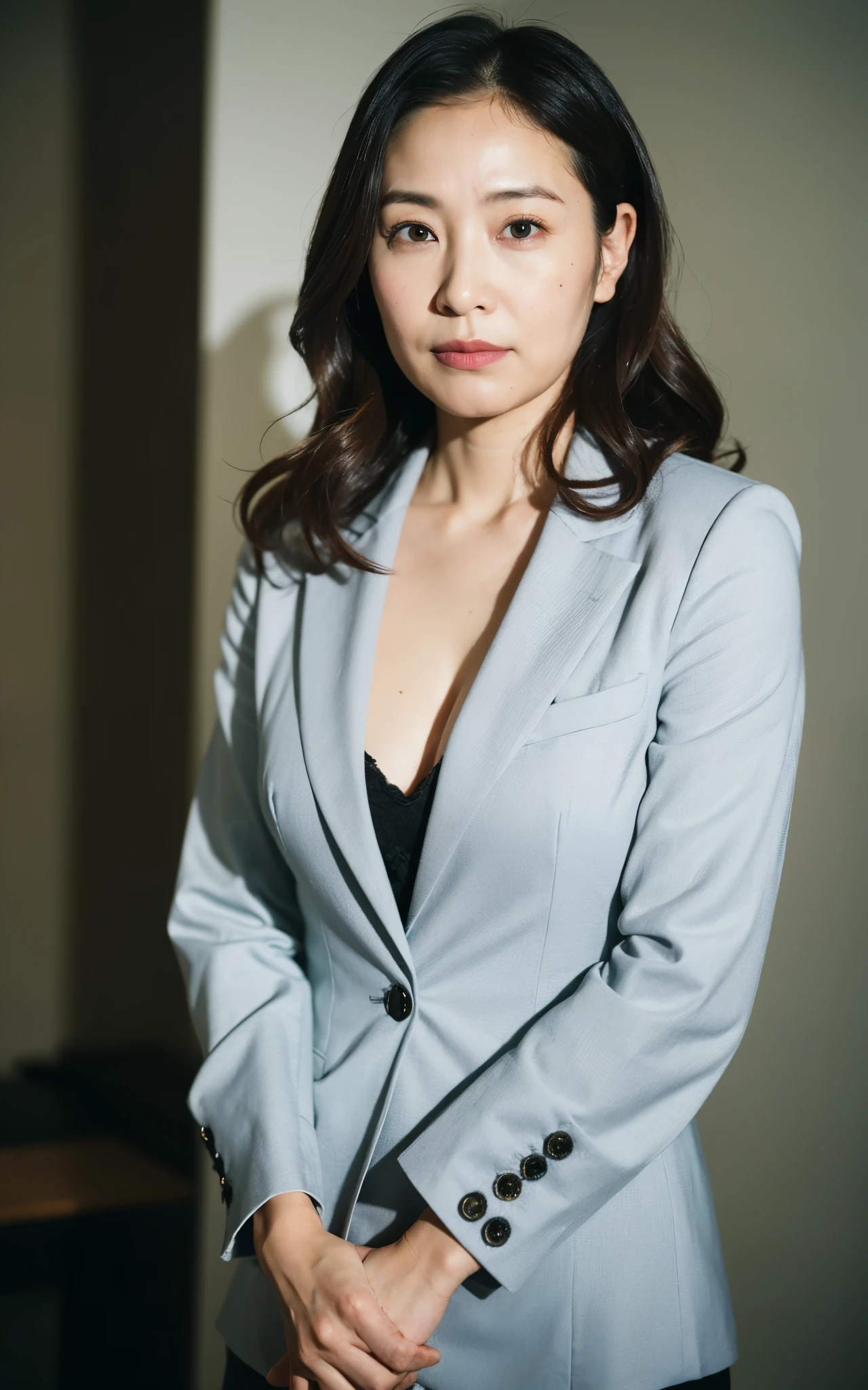 ((Best Quality, 8k, Masterpiece: 1.3)), Photorealistic, Sharp Focus, High Quality, High Definition, Portrait, Solo, Japan, Middle Aged Woman, Beauty, Clothes with Cleavage View, 43 years old, Plump, Wavy Hair, Business suit, Wrinkles at the corners of the eyes:0.5, Narrow backyard, Lots of boxes, Lots of files, Dark background