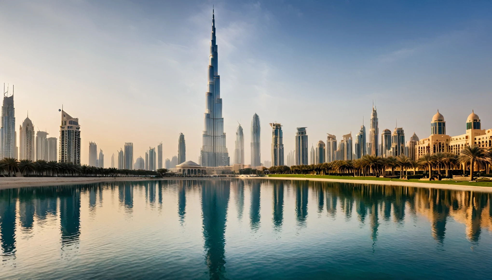 A photorealistic depiction of the Burj Khalifa and its surrounding modern skyscrapers in Dubai, bathed in the soft morning light. The foreground features a calm body of water reflecting the buildings and the sky.