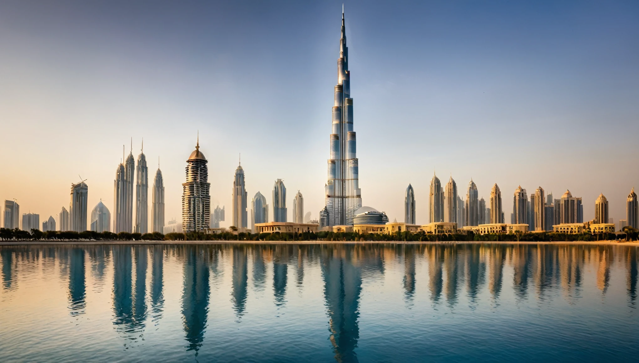 A photorealistic depiction of the Burj Khalifa and its surrounding modern skyscrapers in Dubai, bathed in the soft morning light. The foreground features a calm body of water reflecting the buildings and the sky.