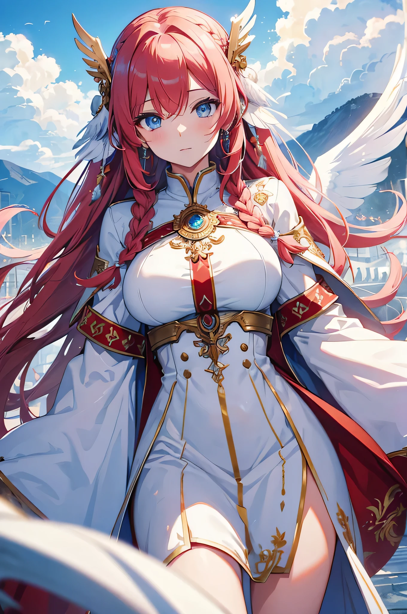 4k,High resolution,One Woman,White red hair,long hair,Braid,Blue Eyes,Big Breasts,Athena,White Holy Dress,White Holy Glove,Winged headgear,Jewelry decoration,Gold decoration,Holy Spear,Temple in the Sky