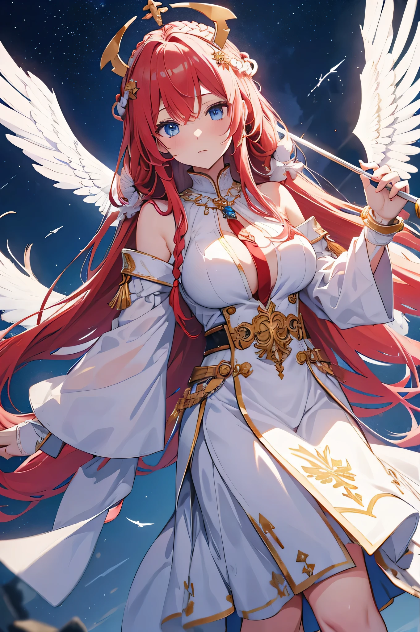 4k,High resolution,One Woman,White red hair,long hair,Braid,Blue Eyes,Big Breasts,Athena,White Holy Dress,White Holy Glove,Winged headgear,Jewelry decoration,Gold decoration,Holy Spear,Temple in the Sky