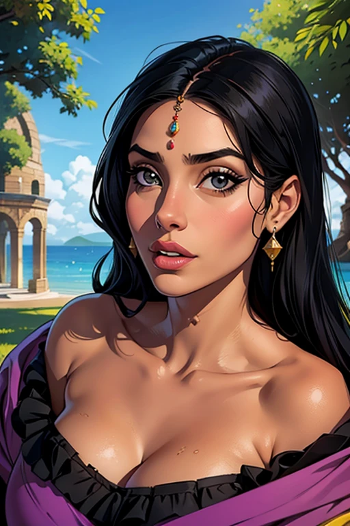 1elfa negra,cabelos brancos longos sedosos,orelhas pontudas,olhos opacos,labios finos,rosto redondo,seios enormes,usando uma tunica real,sentada nos jardins do palacio,rosas negras