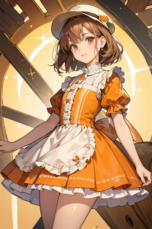 Daké has caramel eyes and short, light brown choppy hair with straight cut bangs. Her mushroom cap is brown with pale brown accent, and she has very pale tan wings. Her dress is peach with a stripe of pale tan and orange around the bottom. Frills trim the dress to match the bib on her chest, where her tan key resides. She wears orange shoes with short frilly socks. SPARKLE; GLITTER