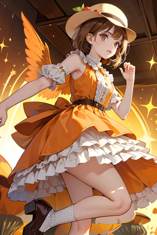 Daké has caramel eyes and short, light brown choppy hair with straight cut bangs. Her mushroom cap is brown with pale brown accent, and she has very pale tan wings. Her dress is peach with a stripe of pale tan and orange around the bottom. Frills trim the dress to match the bib on her chest, where her tan key resides. She wears orange shoes with short frilly socks. SPARKLE; GLITTER