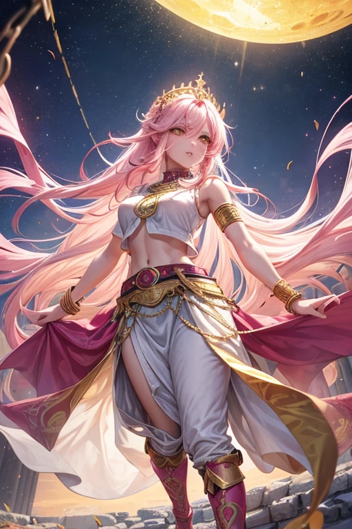 Woman in her 30s, long pink hair, long messy hair, yellow eyes, djinn clothing, open white sleeveless vest, pink vest with white Arabic print, white Arabic pants, gold belt, djinn bracelet with gems, blue boots, boots brown, phosphorescent purple tattoos, surrounded by fire and smoke brushed with magic circles with chains tied to hands and feet surrounded by white chains on a background of Arab ruins. with magic circles and a crown of fire on his head, slim build