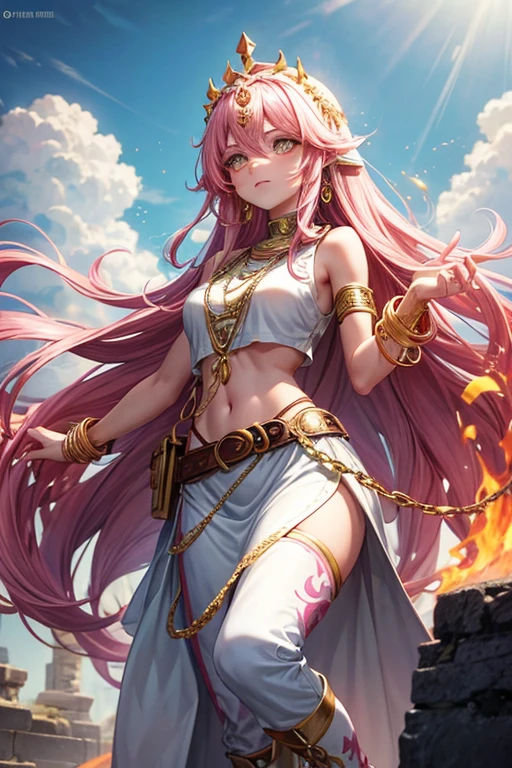 Woman in her 30s, long pink hair, long messy hair, yellow eyes, djinn clothing, open white sleeveless vest, pink vest with white Arabic print, white Arabic pants, gold belt, djinn bracelet with gems, blue boots, boots brown, phosphorescent purple tattoos, surrounded by fire and smoke brushed with magic circles with chains tied to hands and feet surrounded by white chains on a background of Arab ruins. with magic circles and a crown of fire on his head, slim build